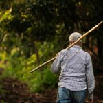 a man with a broom on his back walking down a dirt road